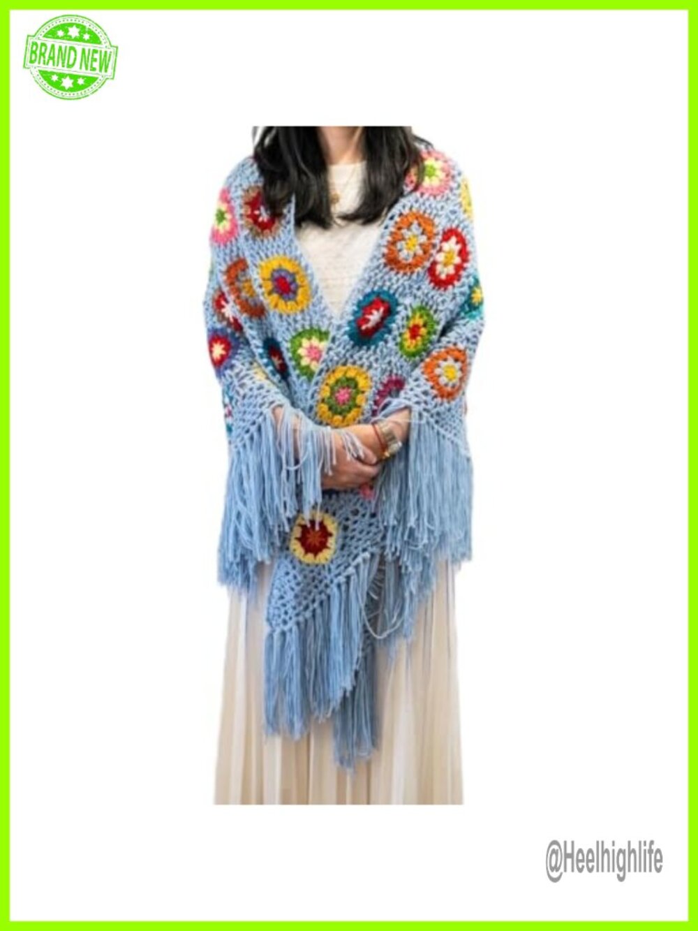 Hand Crocheted Granny Square Boho Shawl Wrap Scarf with Tassels Lightweight